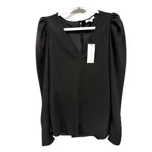 Maison d’Amelie Womens Black V-Neck Puff Sleeve Blouse |L
